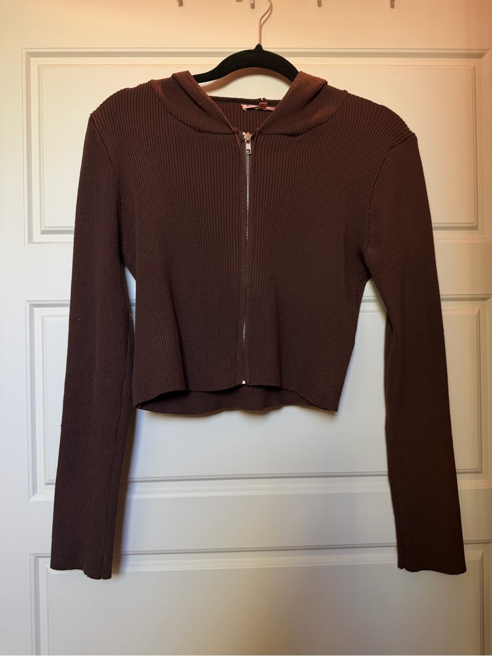 Cropped brown ribbed zip up